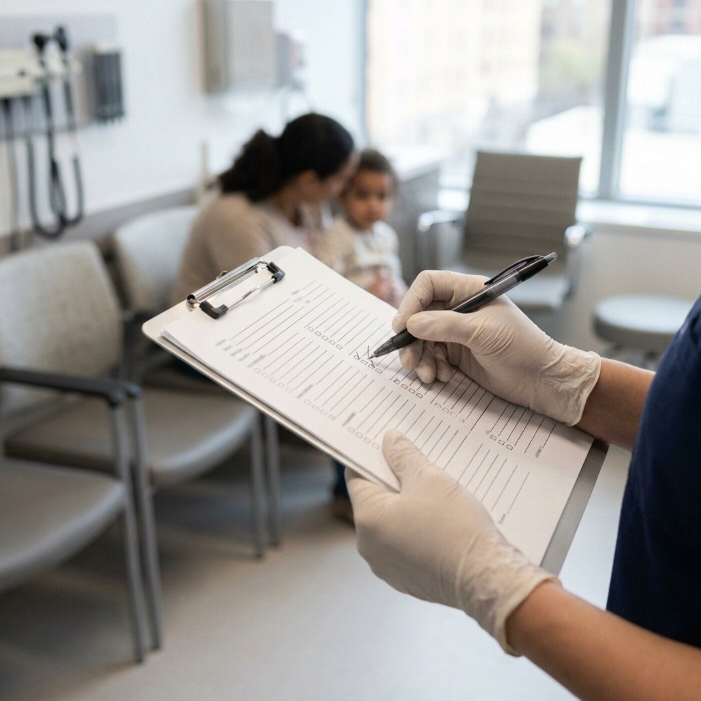 Close-up of a clinician's hands filling in a developmental assessment checklist on a clipboard, pen mid-stroke, boxes and tick marks.