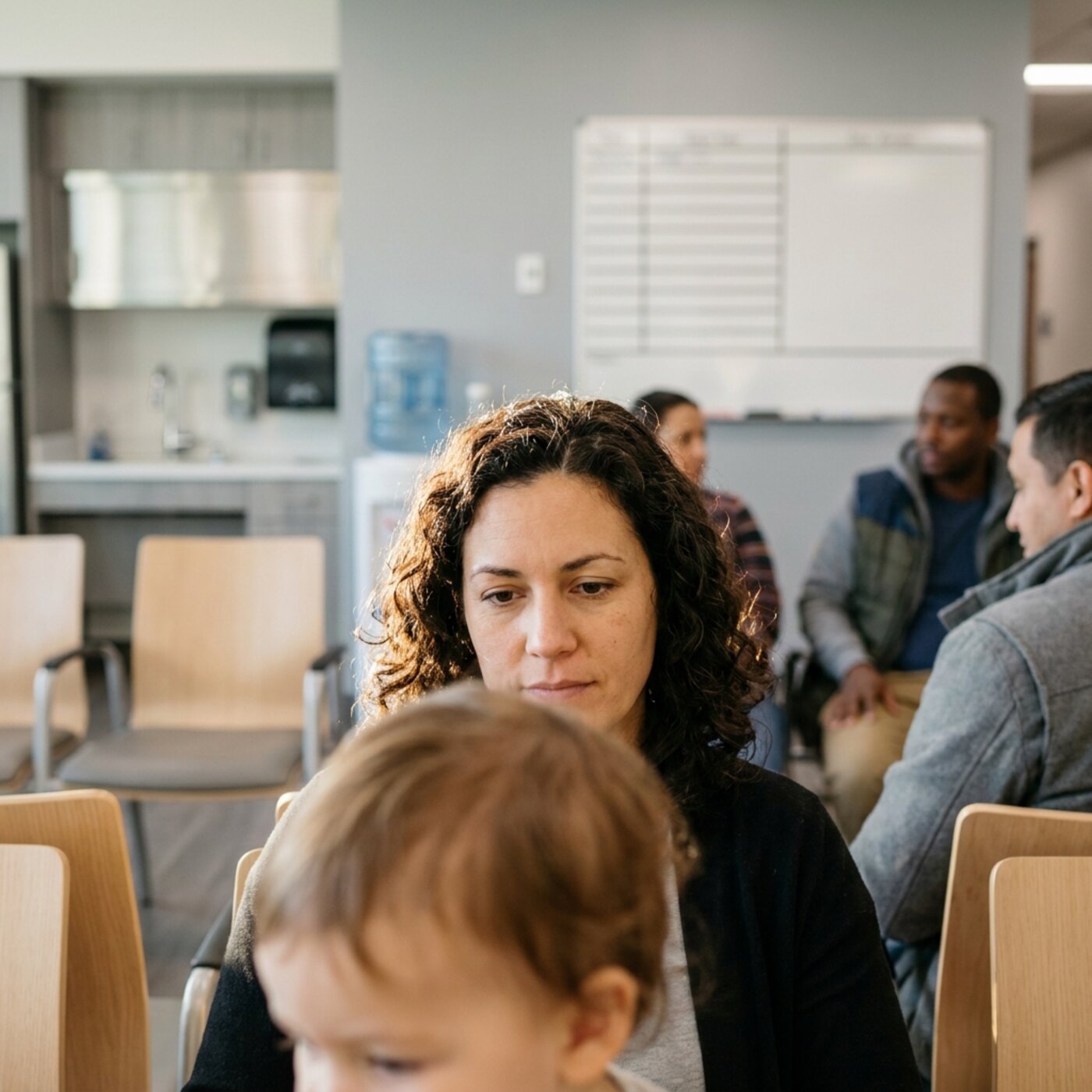 Close-up of a mother's face watching her toddler, the child's head a soft blur in the foreground.