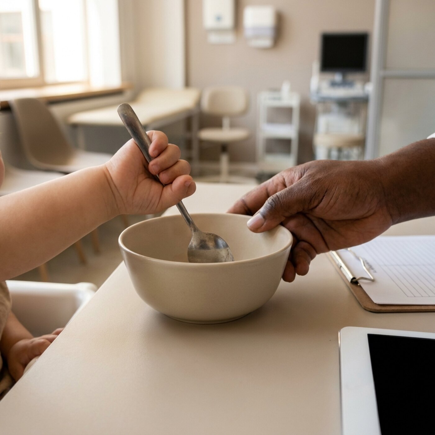 Close-up of a toddler's hand gripping a spoon over a shallow bowl with an adult hand steadying the rim.