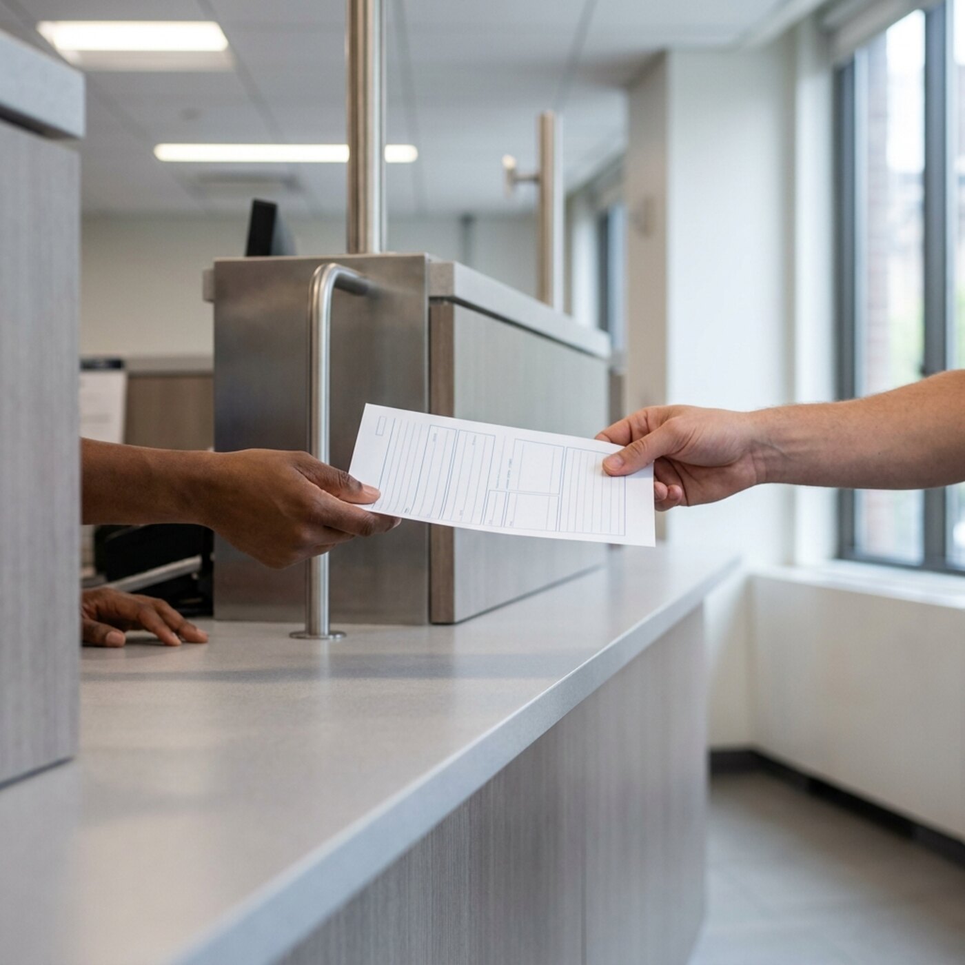 Close-up of two hands meeting across a counter as a printed page passes between them.