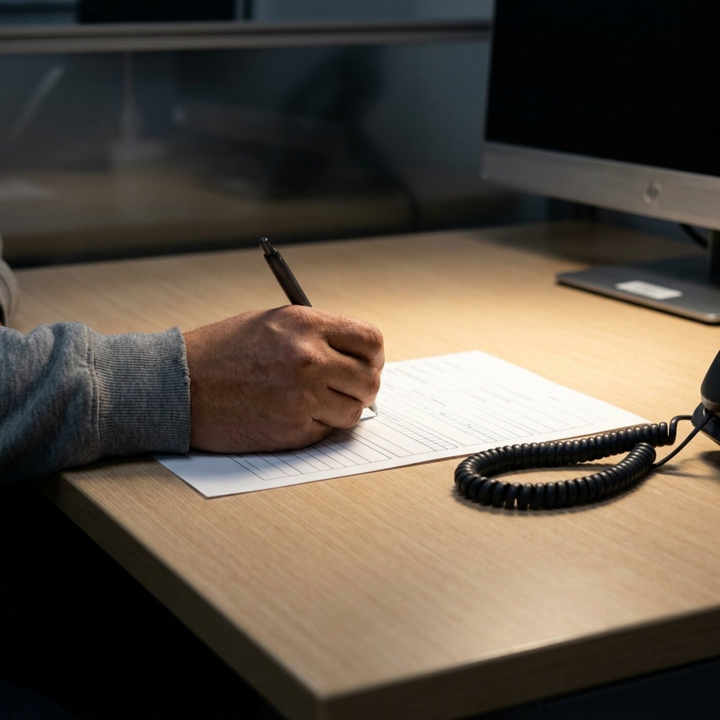 Close-up of a hand writing on an insurance form beside a coiled phone headset cable on a desk.