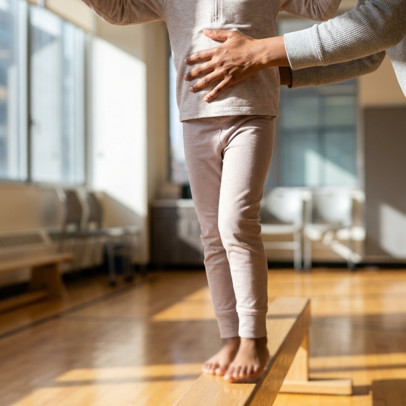 Close-up of a therapist's hands supporting a child's waist as the child balances, the beam and gym floor a warm blur below.