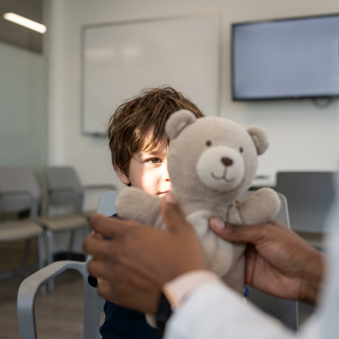 Close-up of a child's face half hidden behind a soft puppet, the therapist's hands blurred in the foreground.