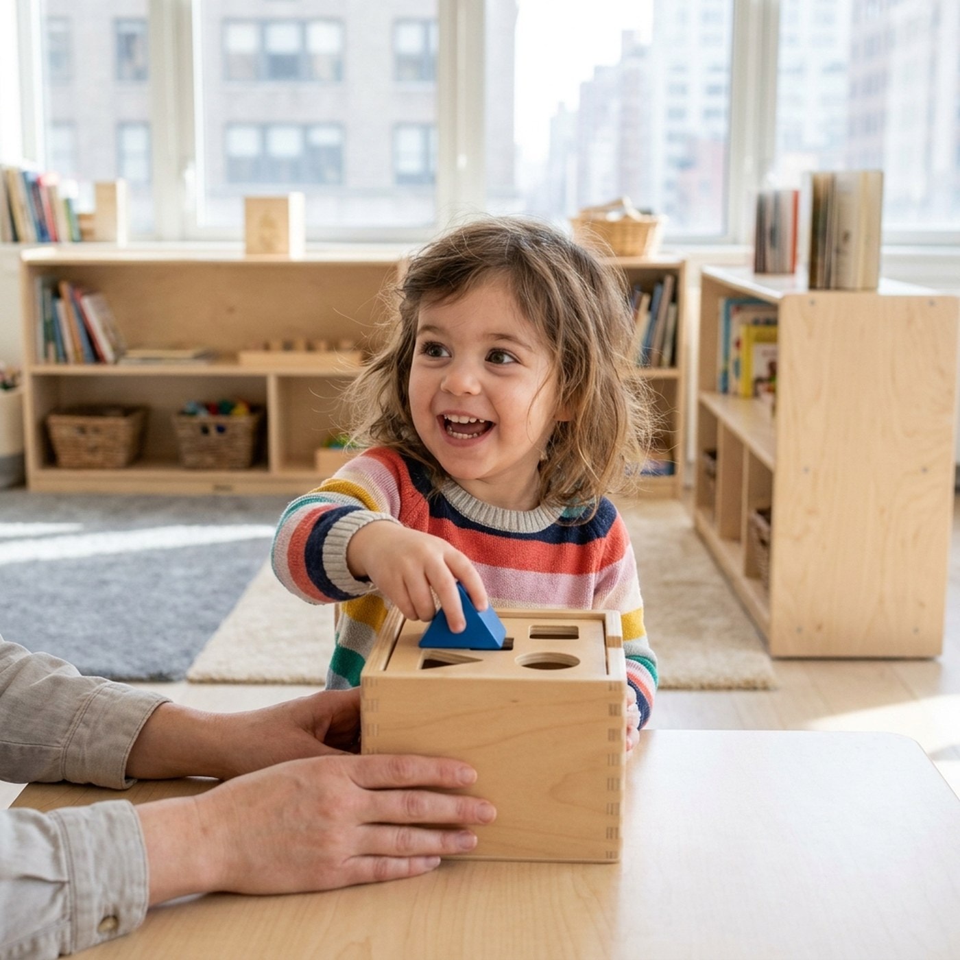 A smiling young child fitting a shape into a wooden sorter in a bright classroom, the instructor's hands steadying it at the edge of the frame.