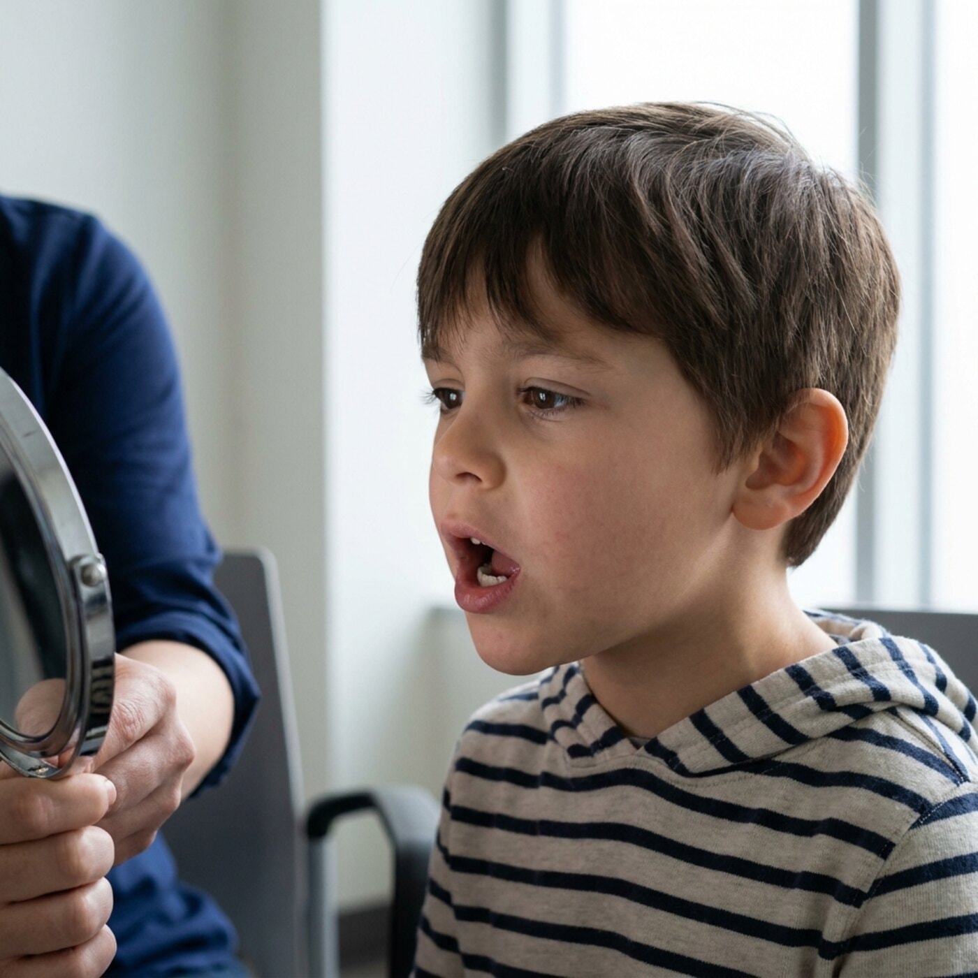 Tight close-up of a six-year-old's face mid-sound with the mouth shaping a word, the edge of a small round mirror held by a therapist just inside the frame.