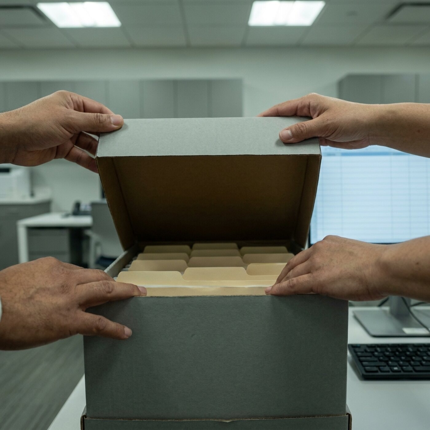 Close-up of two hands lifting the lid from an archive box to reveal rows of file tabs inside.