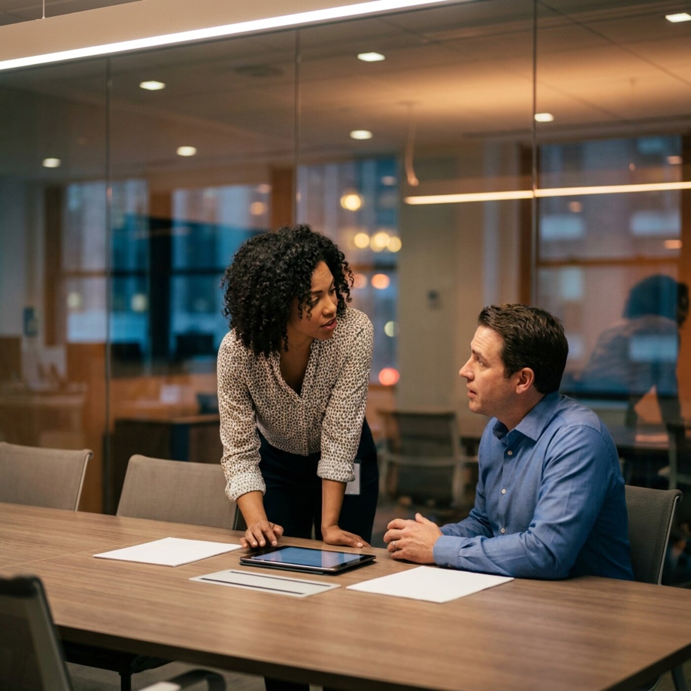Two people discussing papers at a conference table.