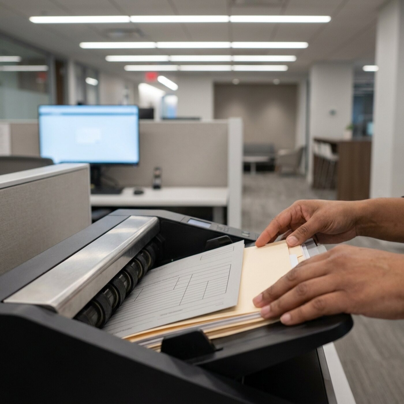 Close-up of hands feeding a stack of forms into a document scanner, the machine's edge and rollers filling the lower frame.