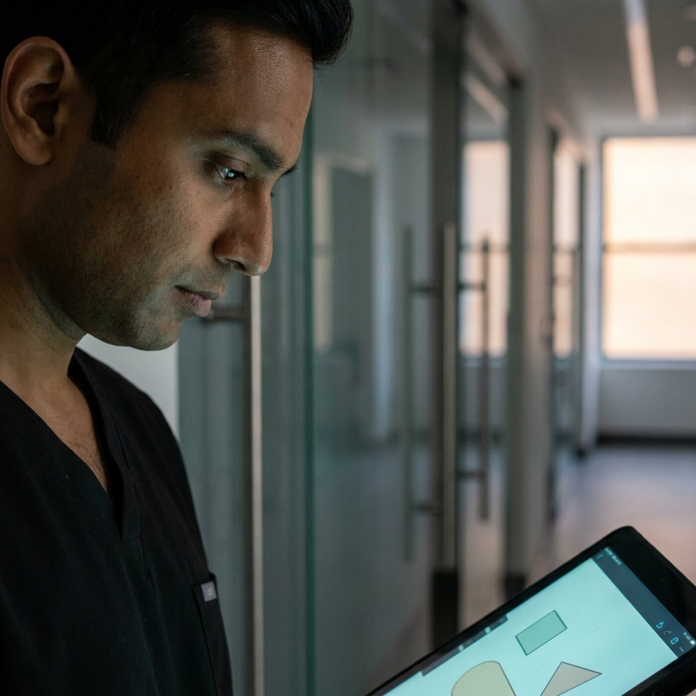 A person looking at a tablet in a corridor.