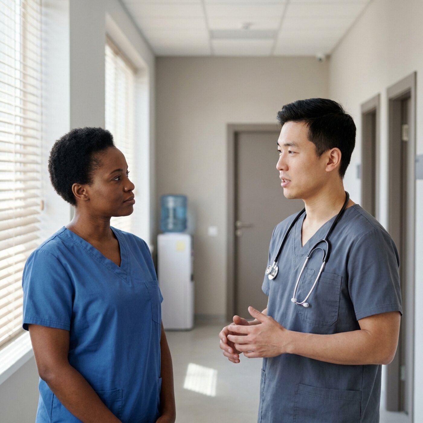 Two people in scrubs talking in a corridor.