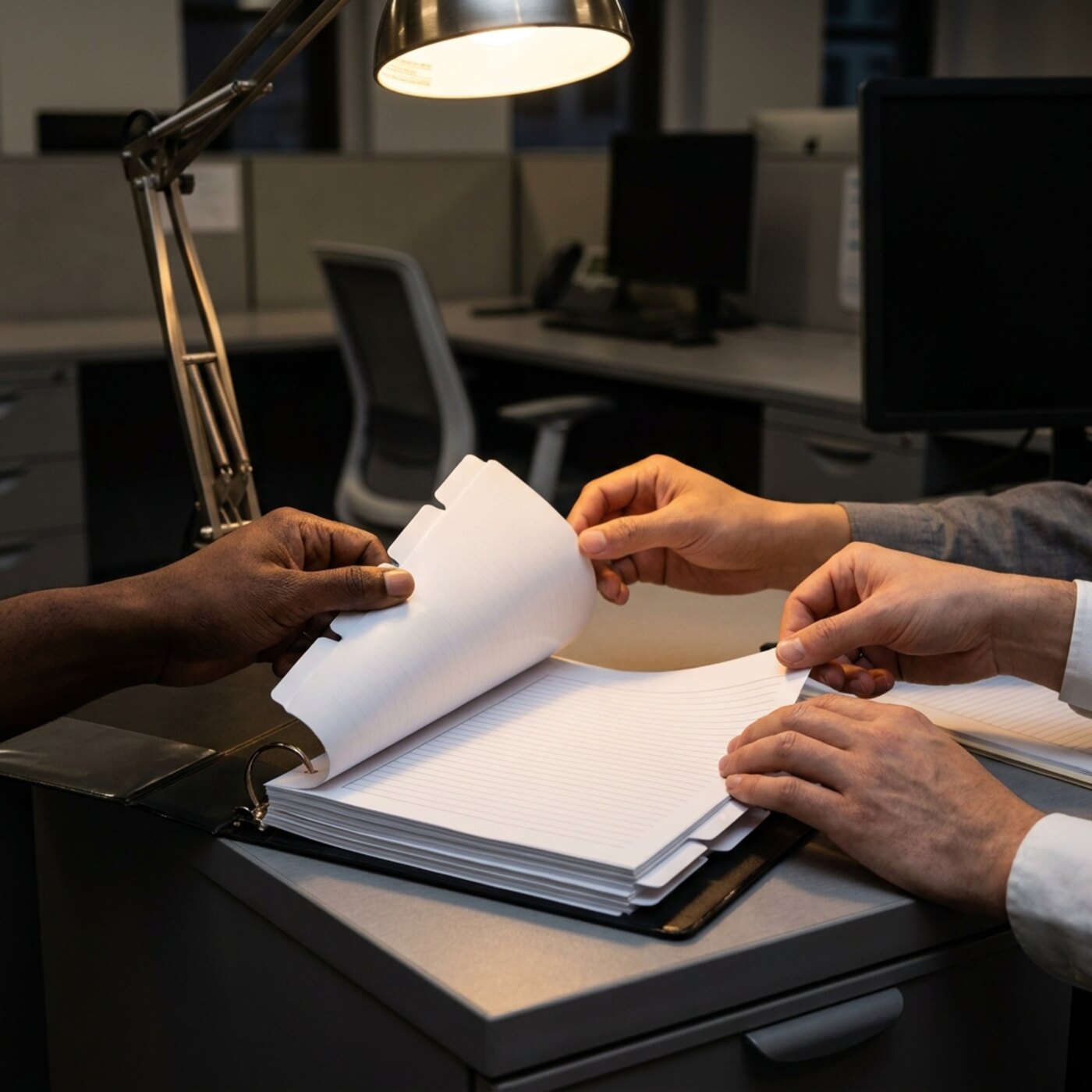 Close-up of hands separating tabbed dividers in a thick binder under a desk lamp.