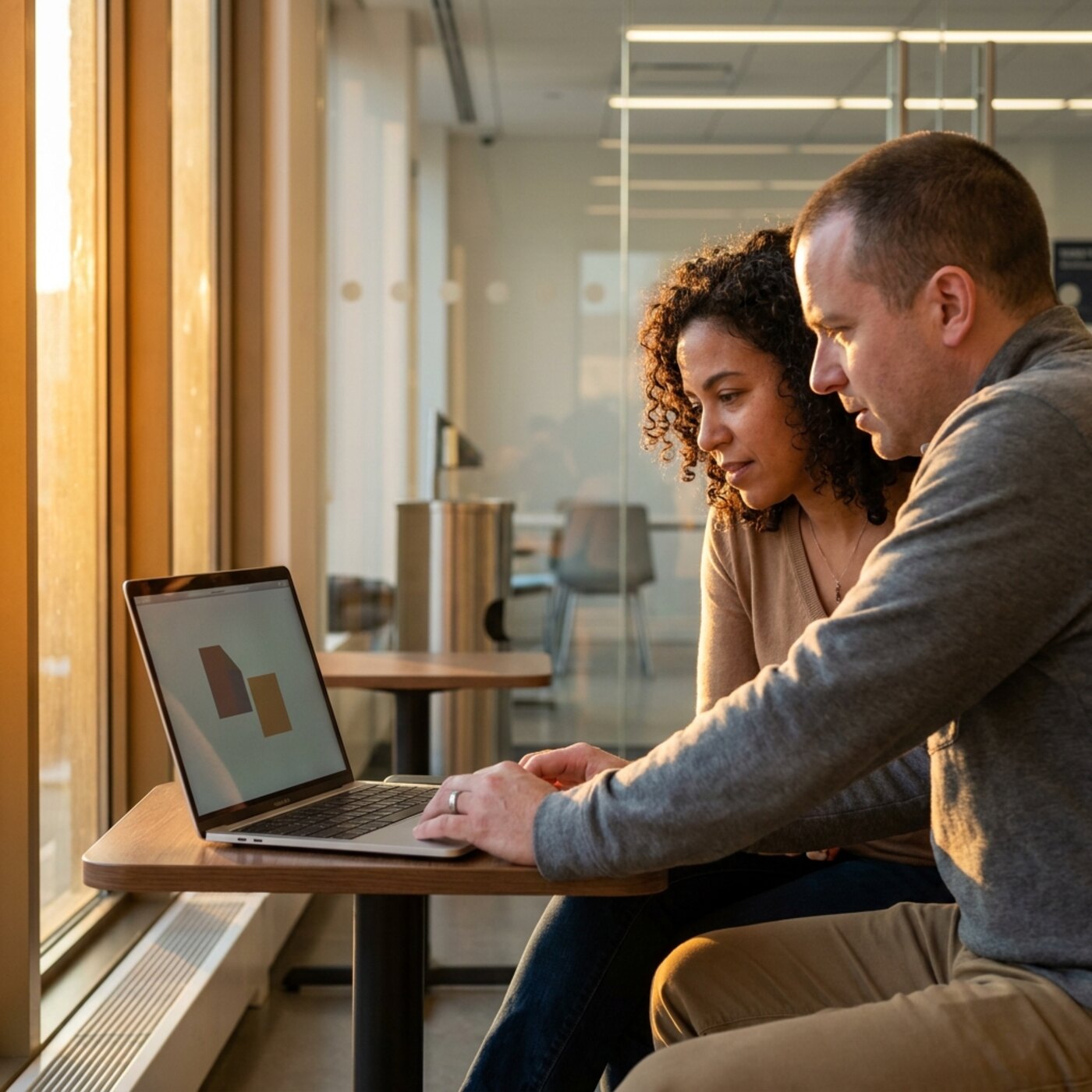 Close-up of two people leaning toward a laptop at a small cafe table, framed tight from the shoulders.