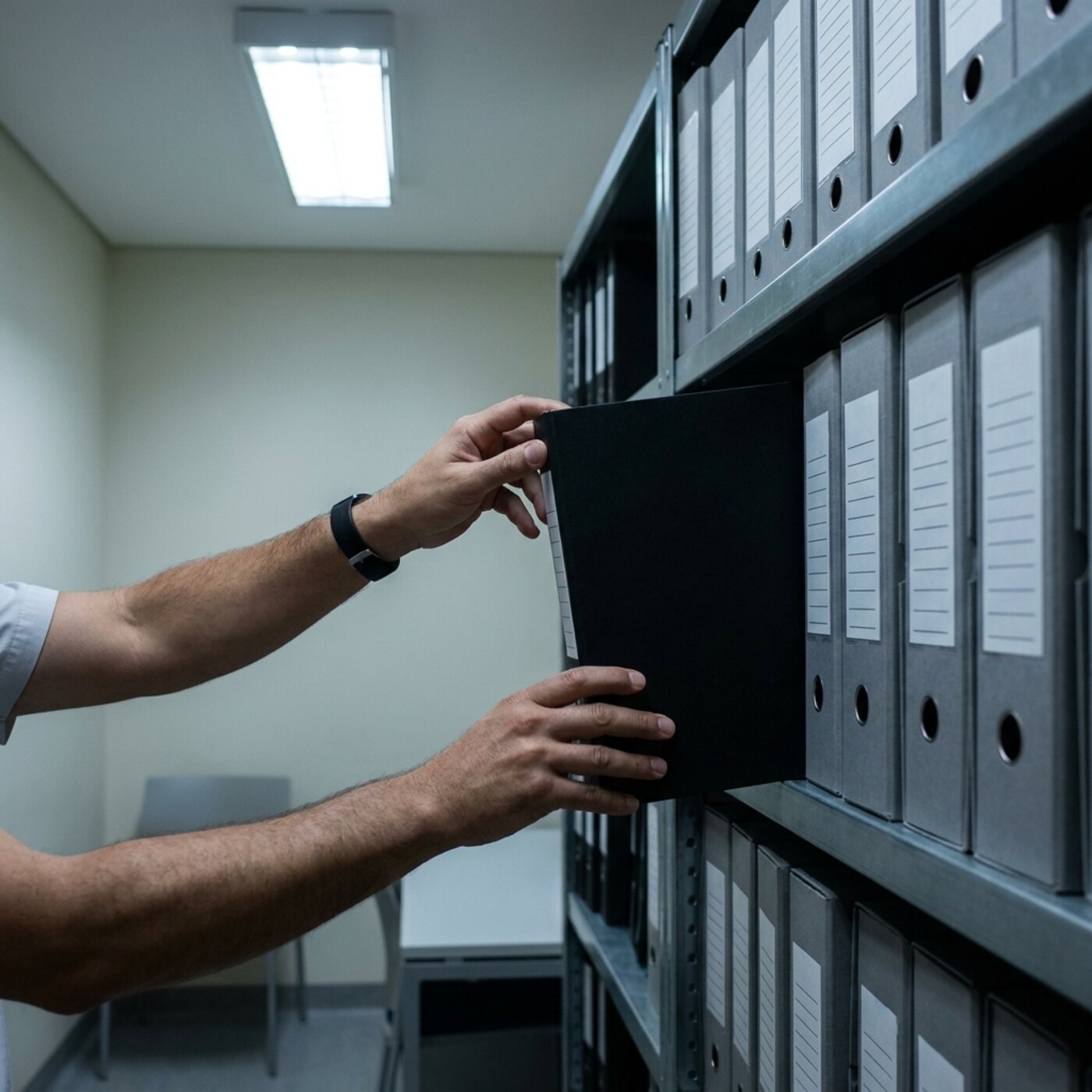 Close-up of hands sliding a binder into a tight row of archive boxes on a steel shelf.