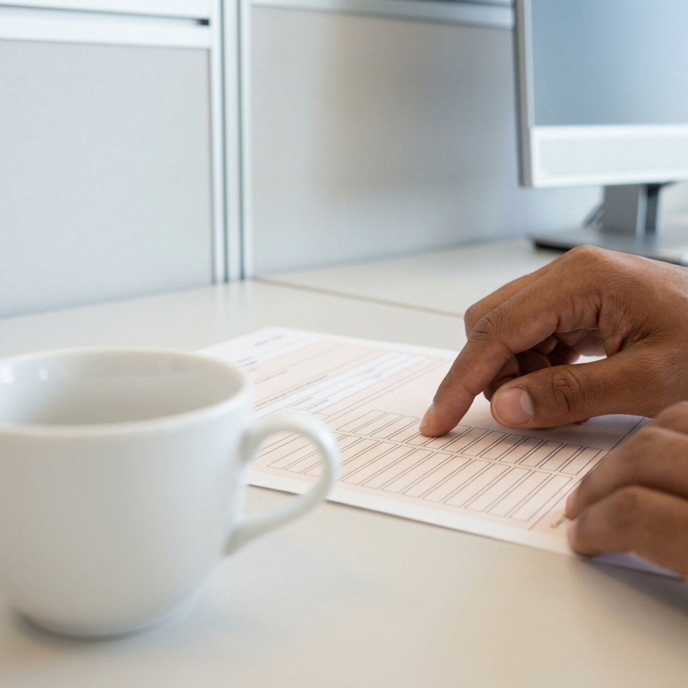 Close-up of a fingertip tracing down a column of figures on a printed budget sheet, the edge of a coffee cup in the foreground blur.