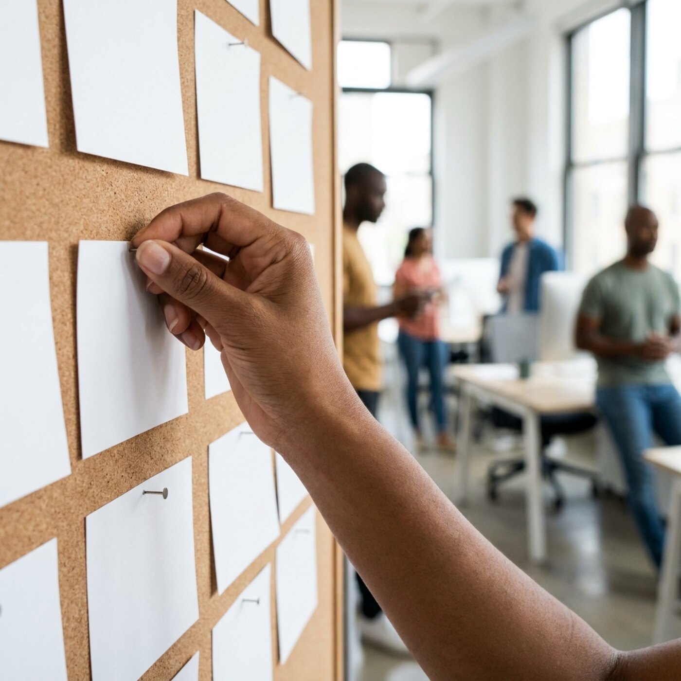 Close-up of a hand pinning a blank index card to a board already holding a loose grid of blank cards, other people reduced to blurred shapes behind.