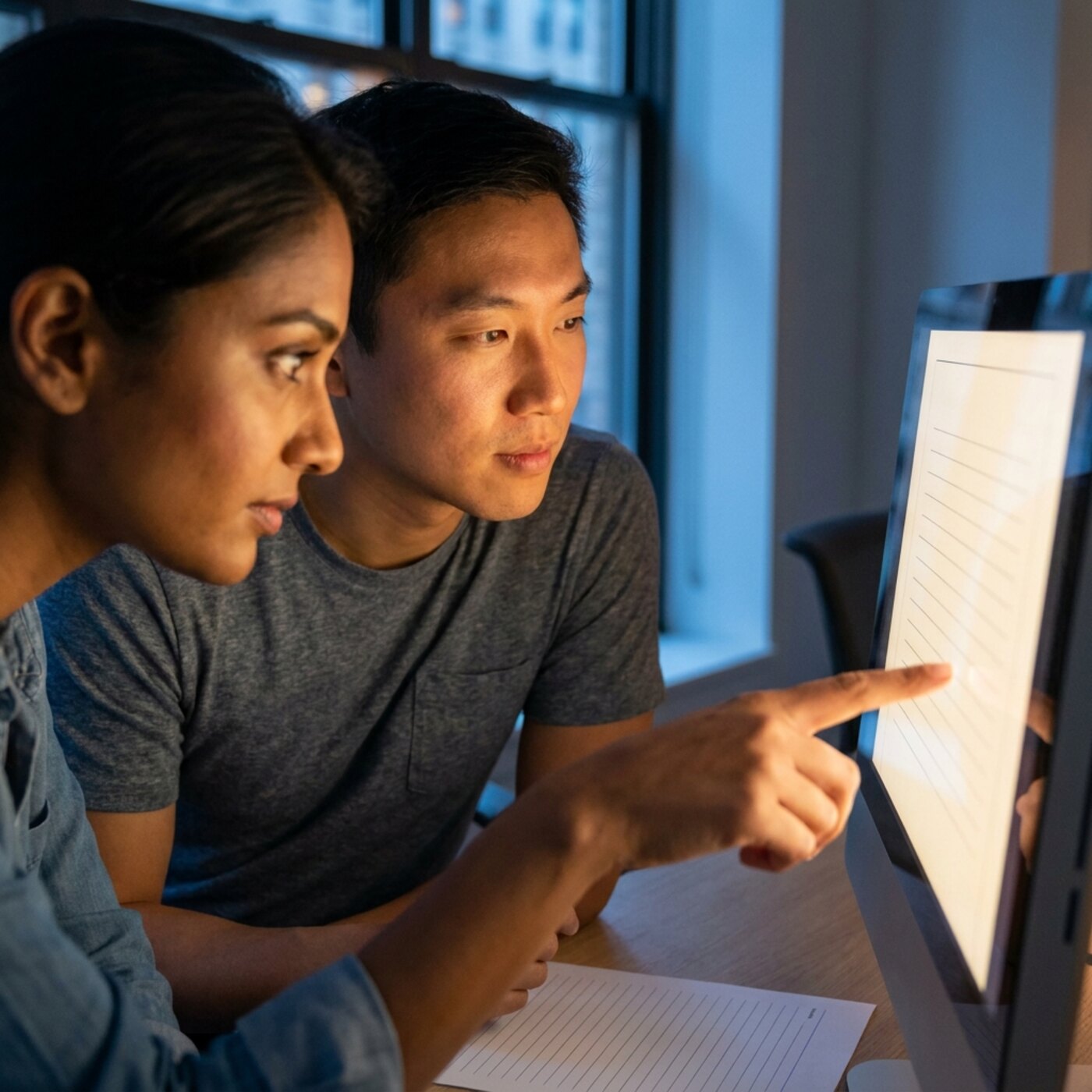 Two people looking at a screen, with one pointing.