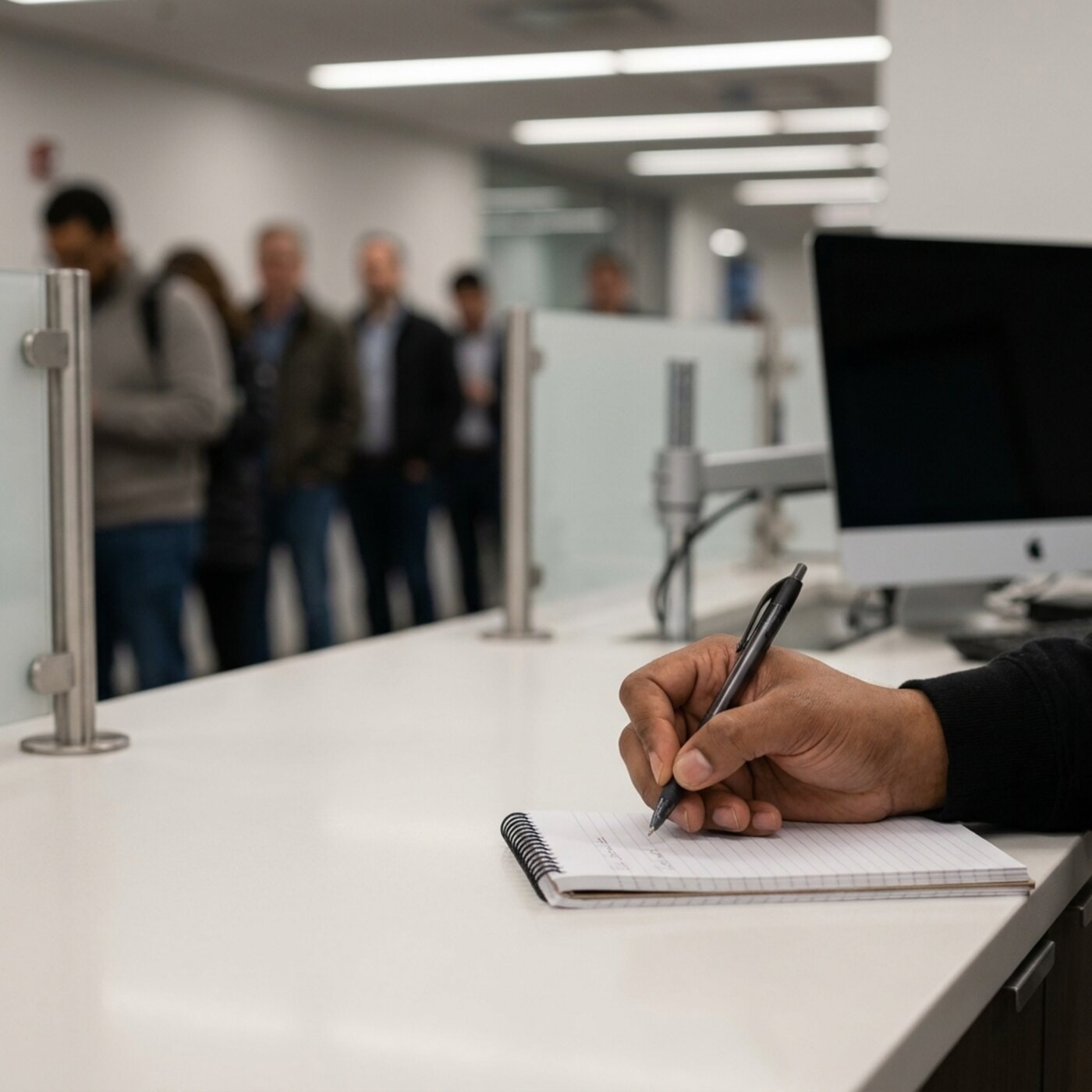 A hand writing in a notebook at a counter.