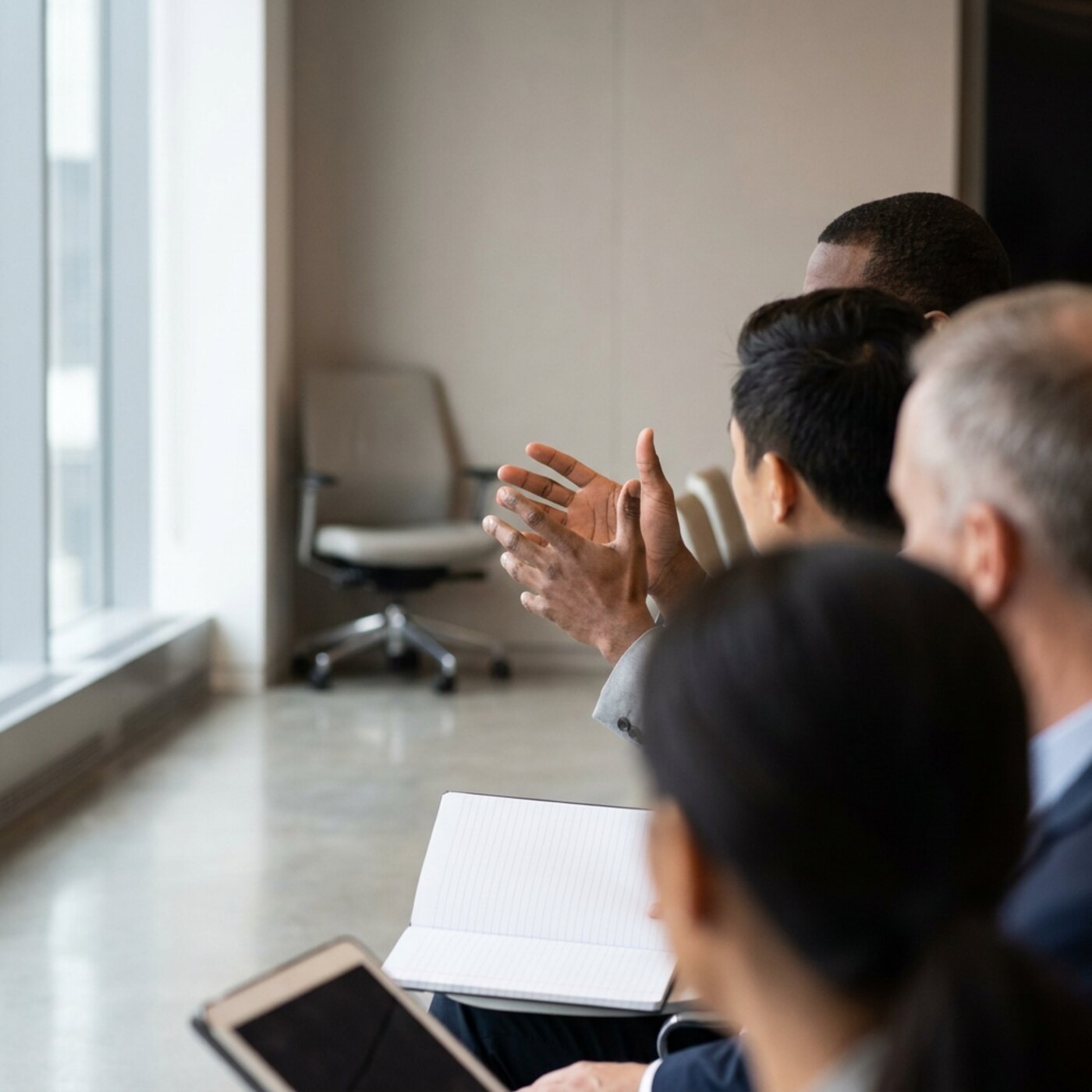 A person gesturing while speaking to a seated group.