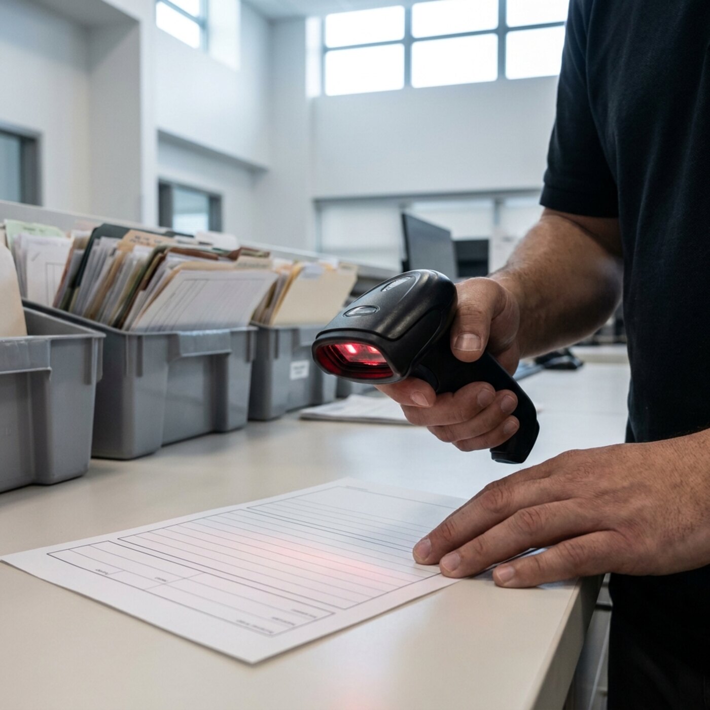 Close-up of a handheld barcode scanner being passed over a document, the red scan light catching the paper, bins of files blurred behind.