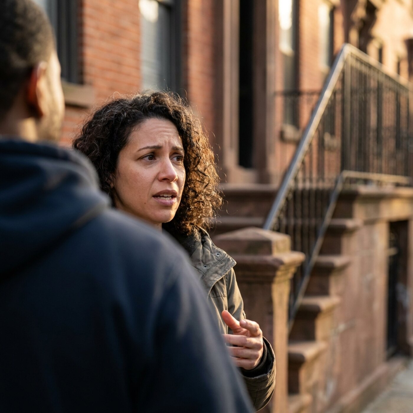 Close-up of a case manager's face mid-sentence talking with a parent on a brownstone stoop, the parent's shoulder in the foreground blur.