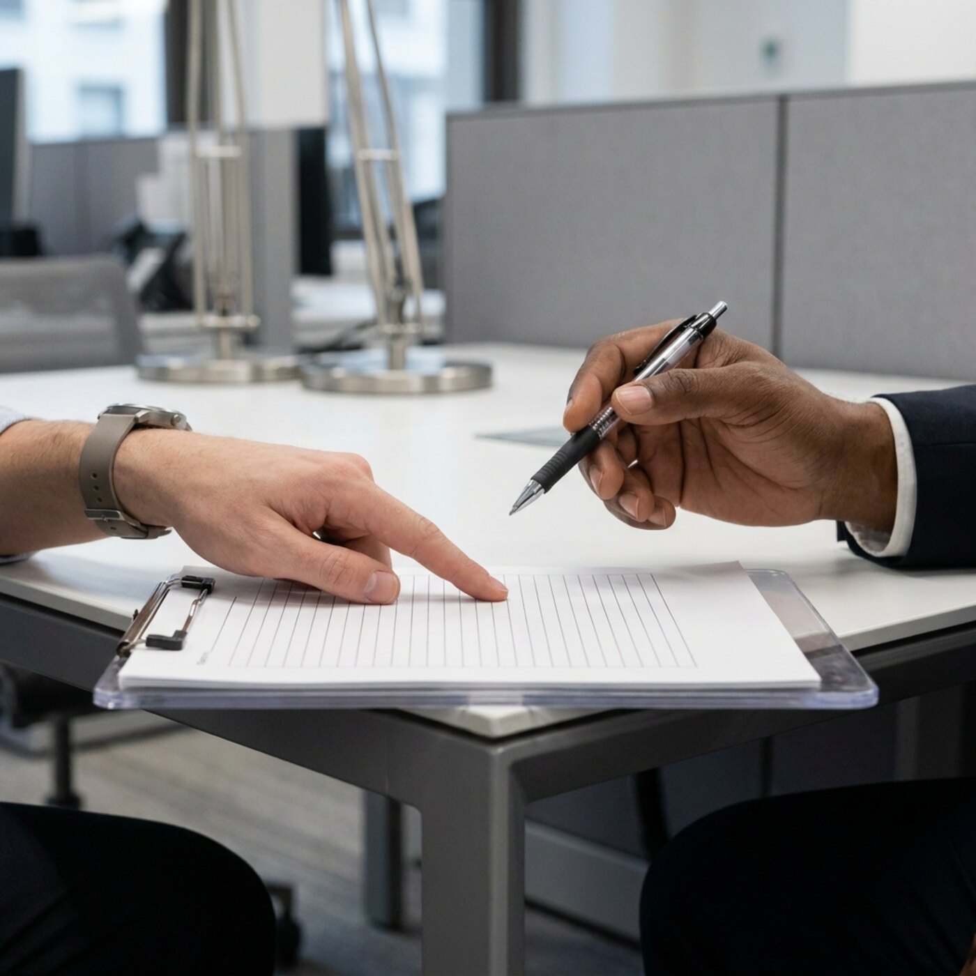 Close-up of a navigator's finger indicating a line on a form on a clipboard while the resident's hand holds a pen above it.