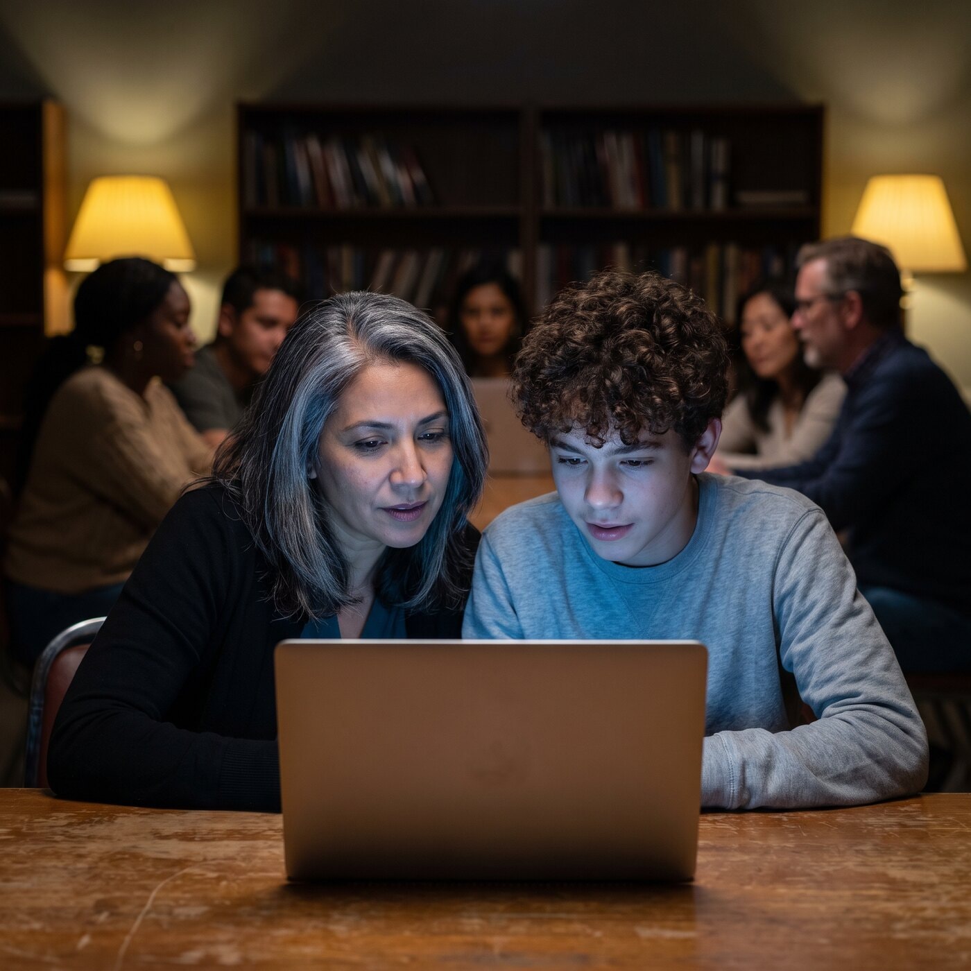 Close-up of a mentor and a teenager shoulder to shoulder looking at a laptop, both faces lit by the screen, the community centre behind them dark.