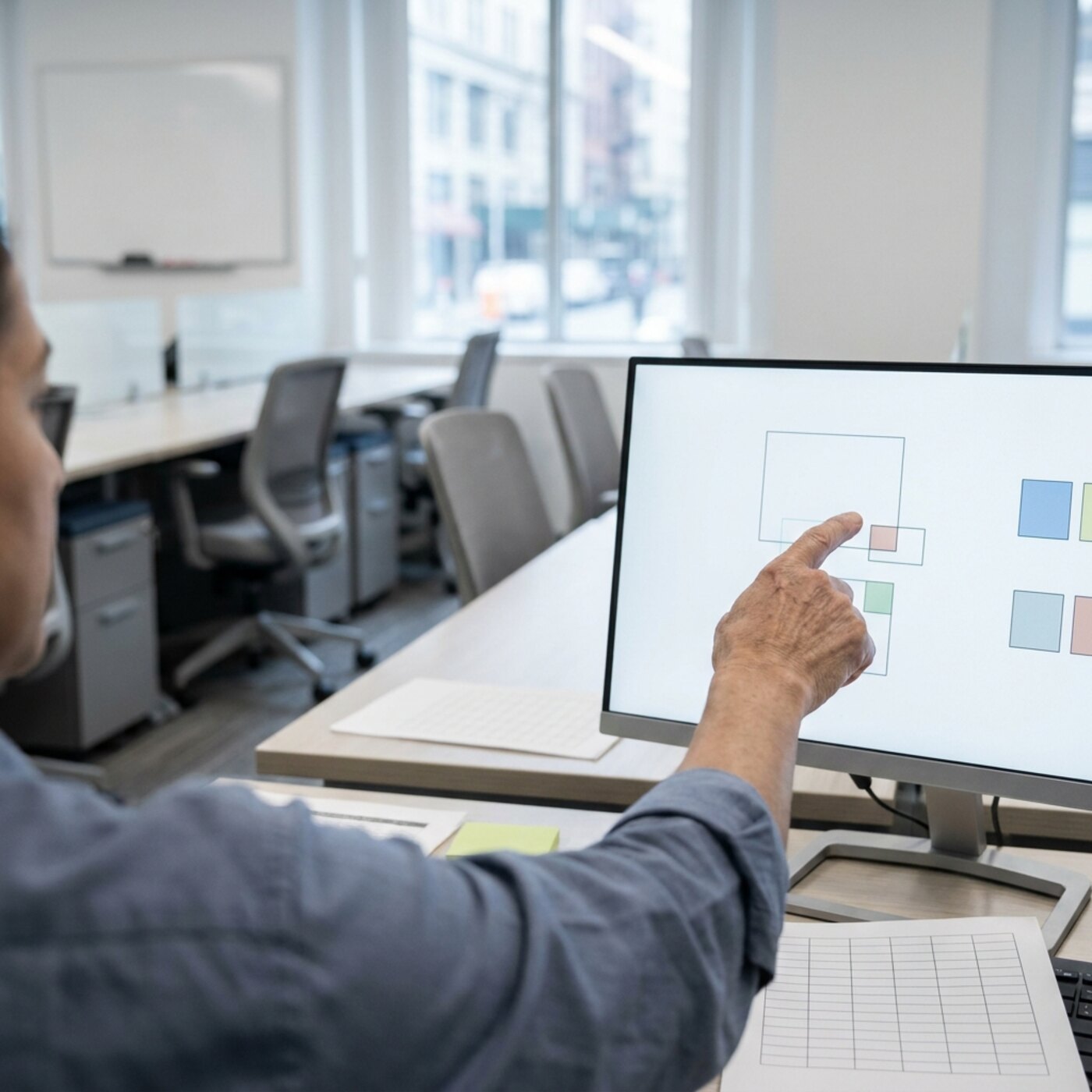 A person pointing at a computer screen.