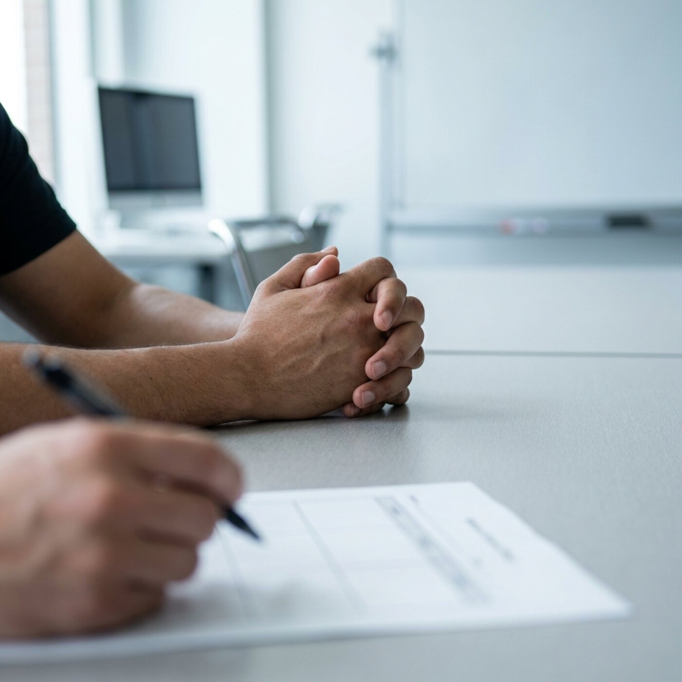 Clasped hands on a table opposite a person holding a pen.