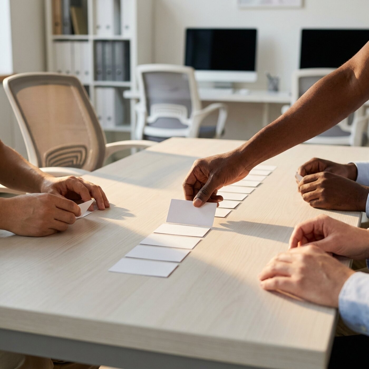 Close-up of hands arranging blank cards into rows on a table, one card being set down.