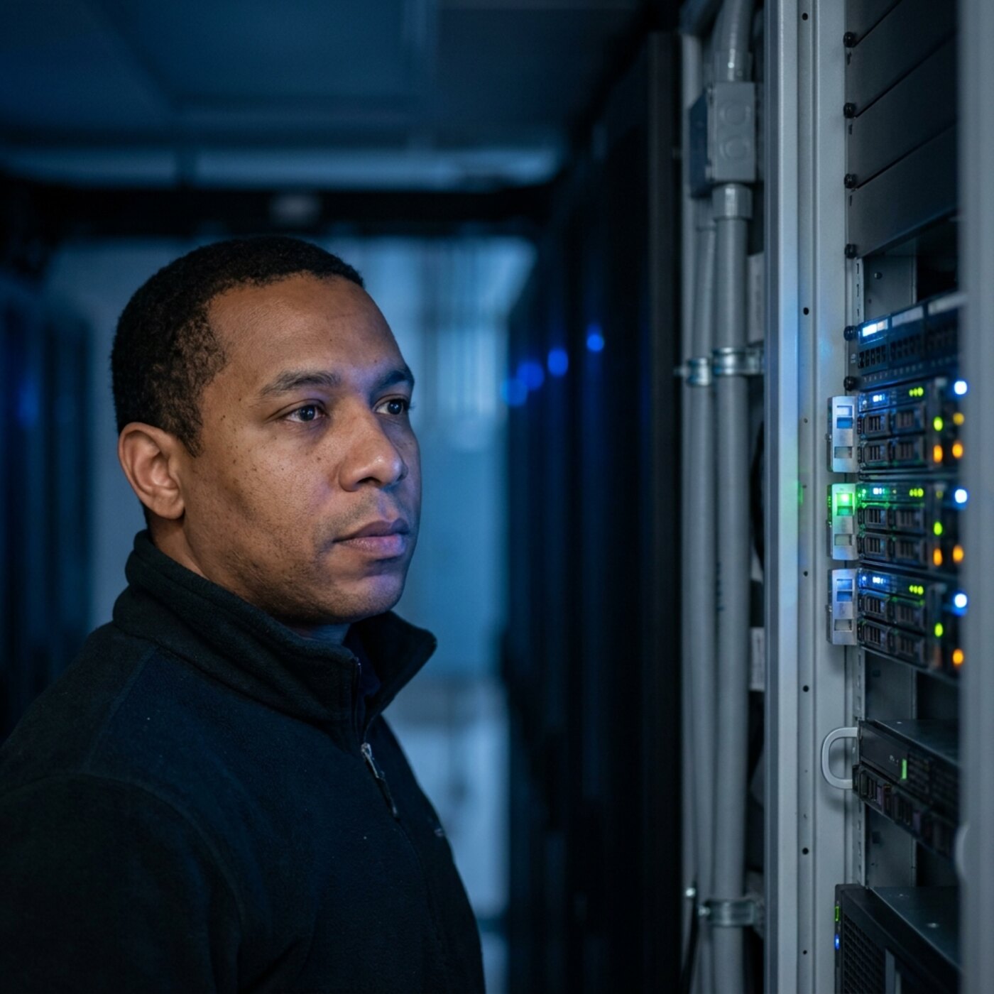 A person standing beside a server rack.