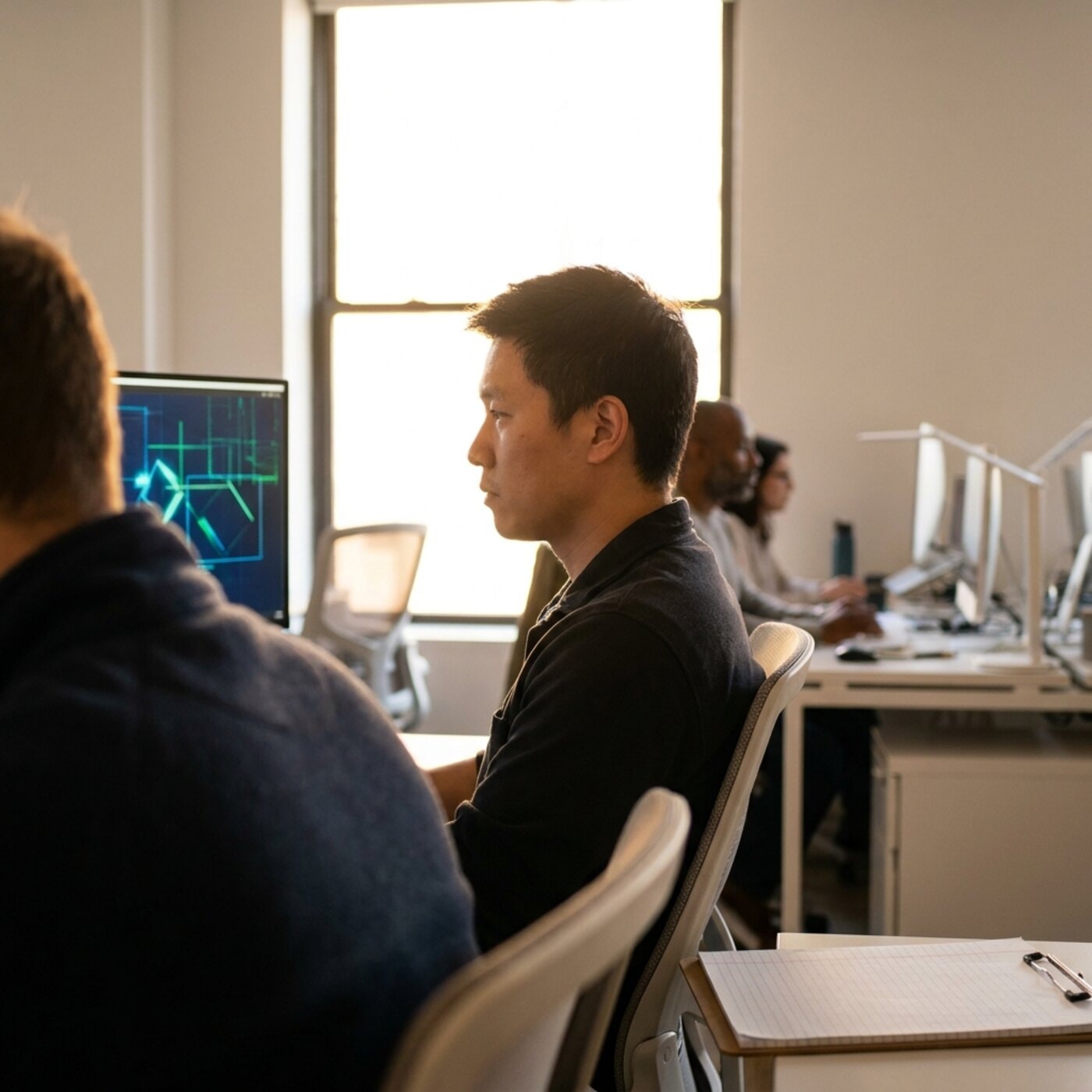 Two people working at computers.