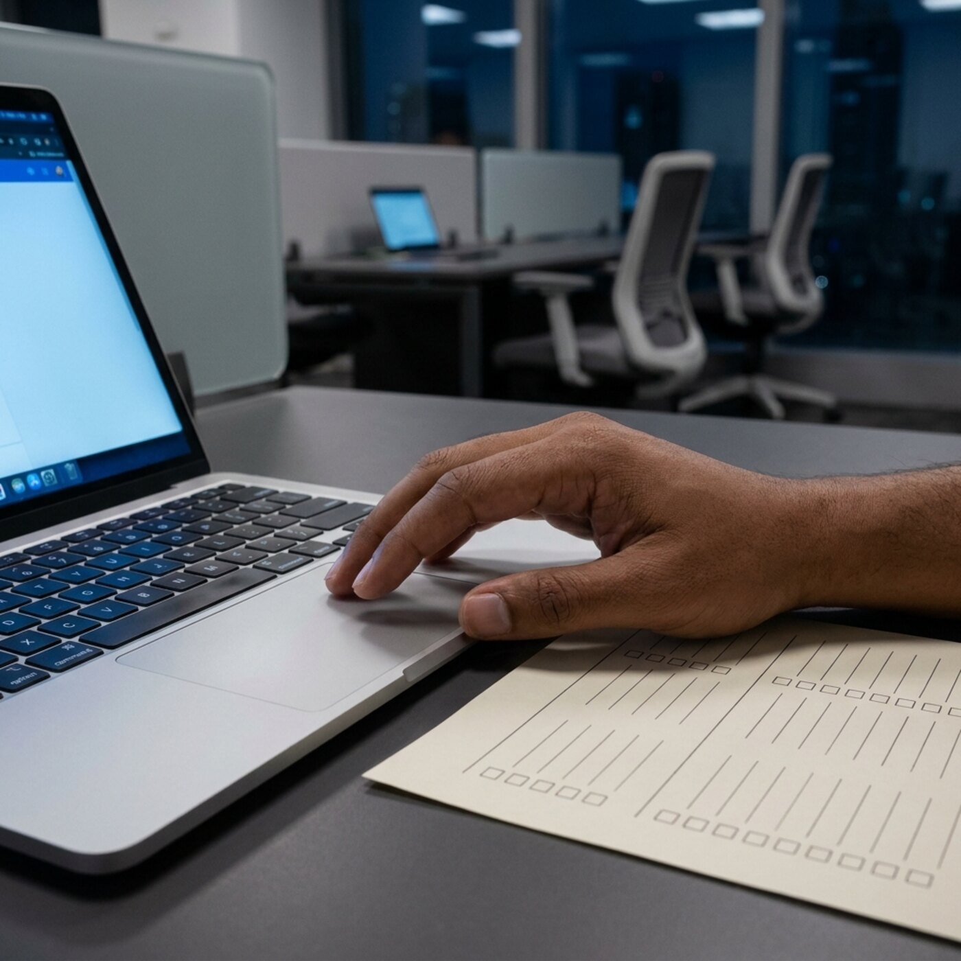 Close-up of a hand resting on a laptop trackpad beside a printed checklist of empty tick boxes.