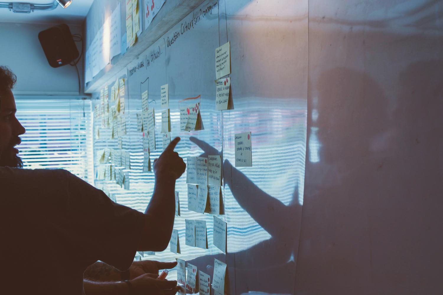 Planning documents and charts spread across a desk