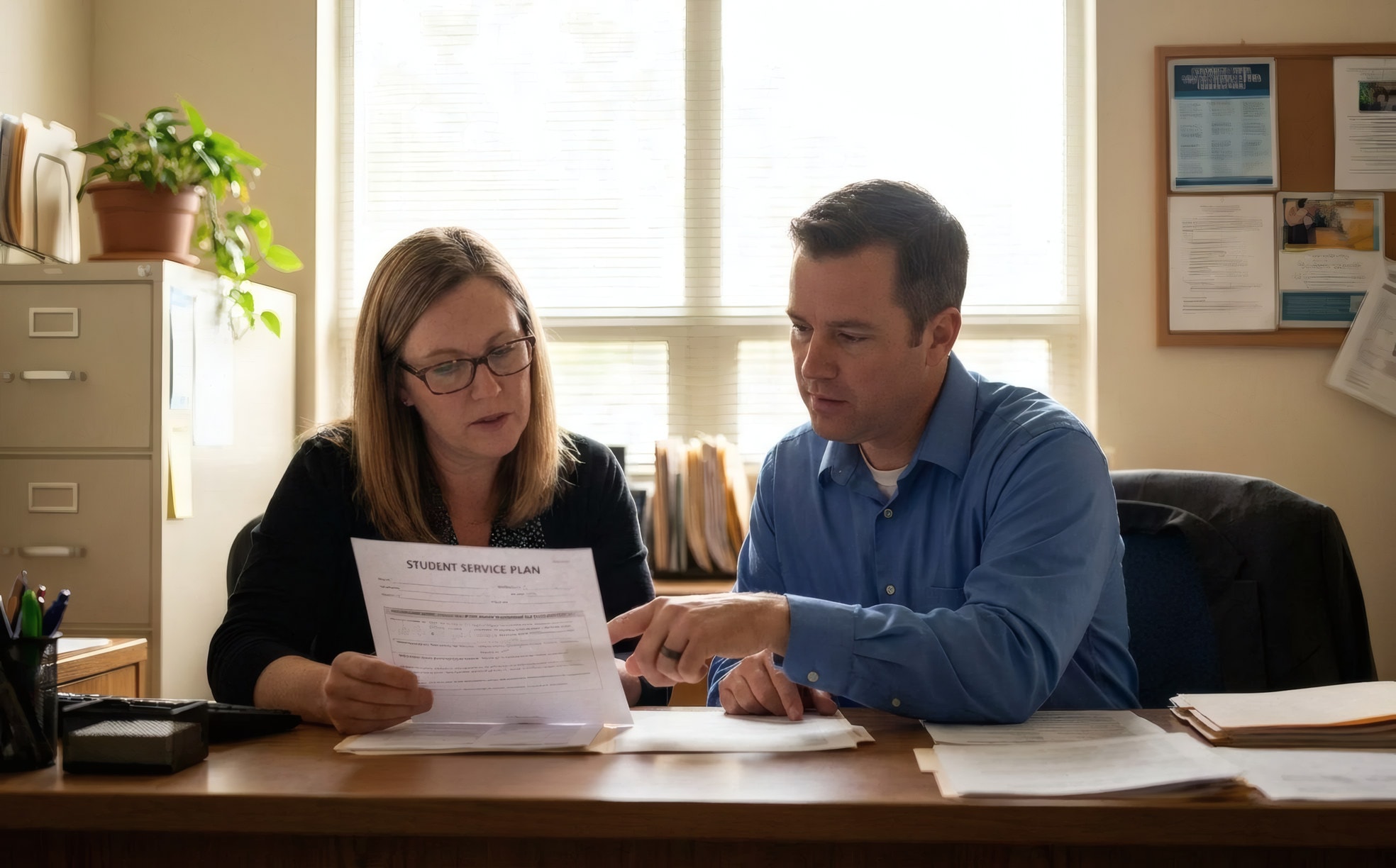 A school administrator and a services coordinator reviewing a student service plan together