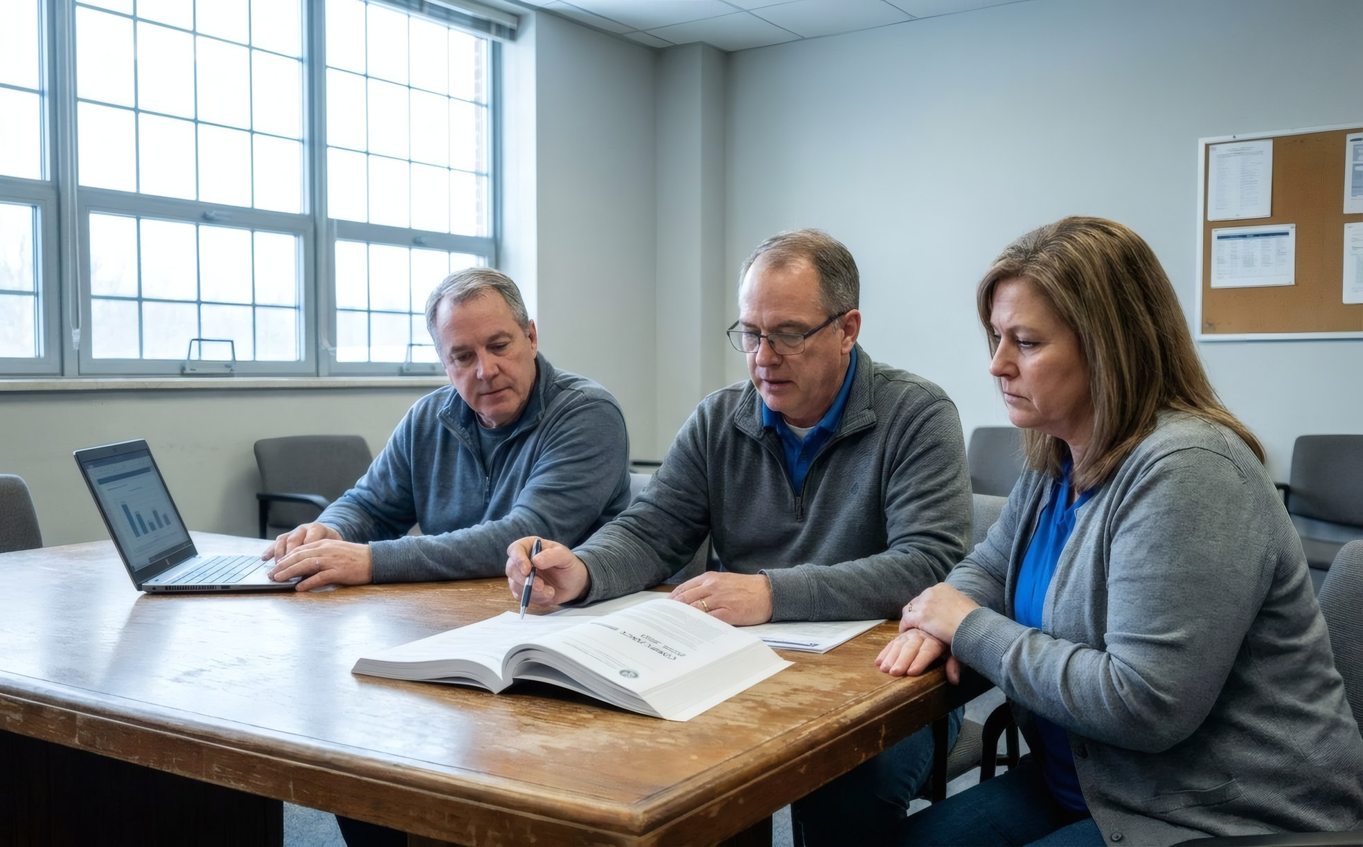 Three colleagues reviewing a printed compliance report in a municipal meeting room
